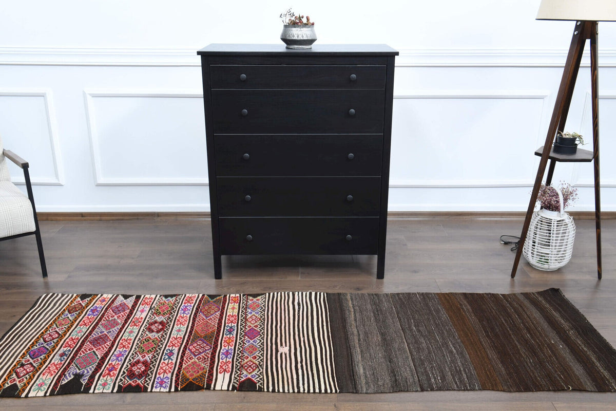 El yapımı vintage halı 76x254 cm geometrik desenli yün - desen detayı