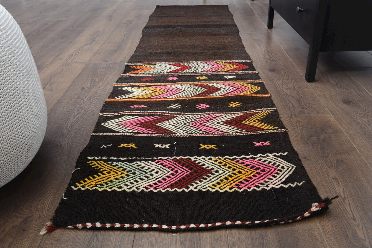 El yapımı vintage yolluk 61x231 cm tribal desenli yün - yakın çekim doku detayı