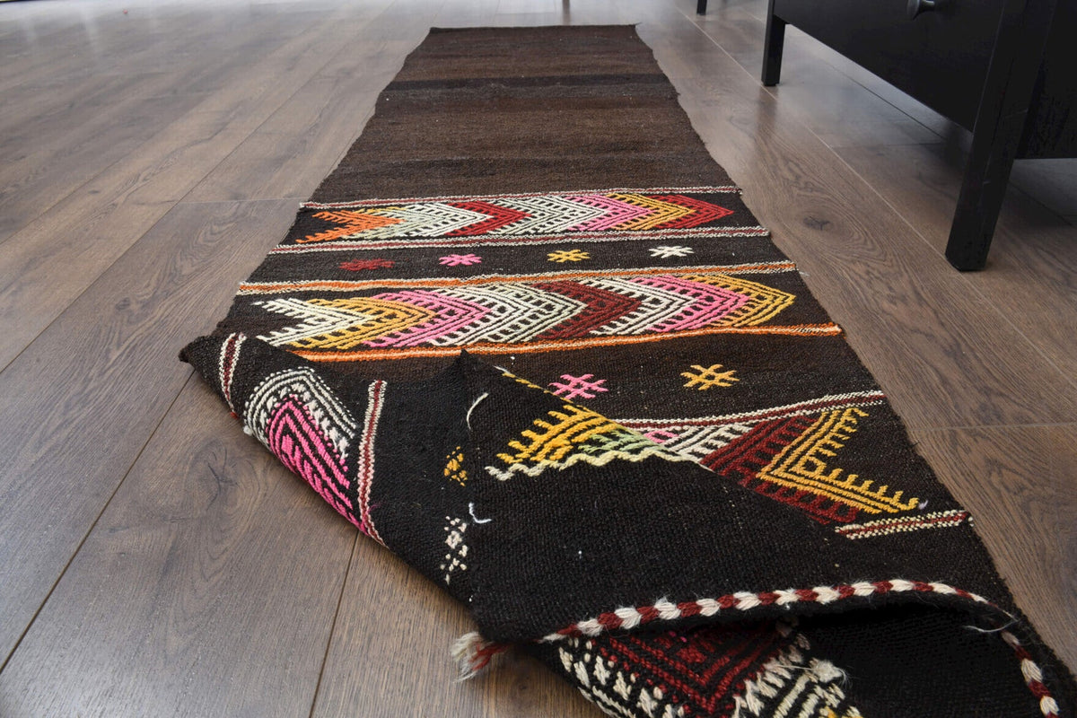 El yapımı vintage yolluk 61x231 cm tribal desenli yün - kenar ve saçak detayı