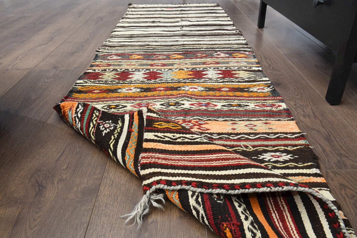 El yapımı vintage yolluk 64x216 cm çizgili desenli yün - yakın çekim doku detayı