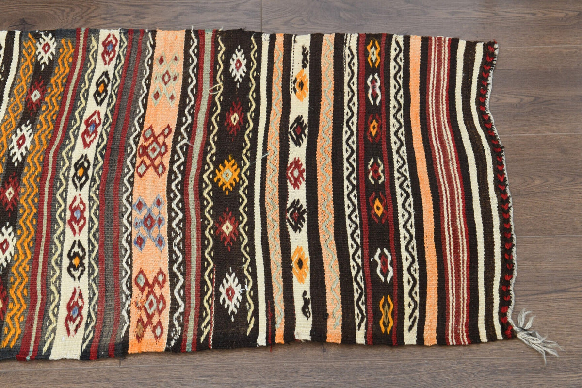 El yapımı vintage yolluk 64x216 cm çizgili desenli yün - kenar ve saçak detayı