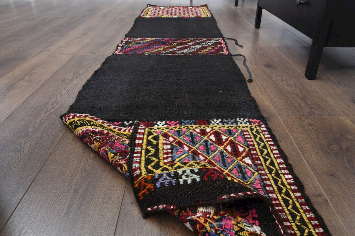 El yapımı vintage yolluk 56x254 cm i̇kat desenli yün - yakın çekim doku detayı