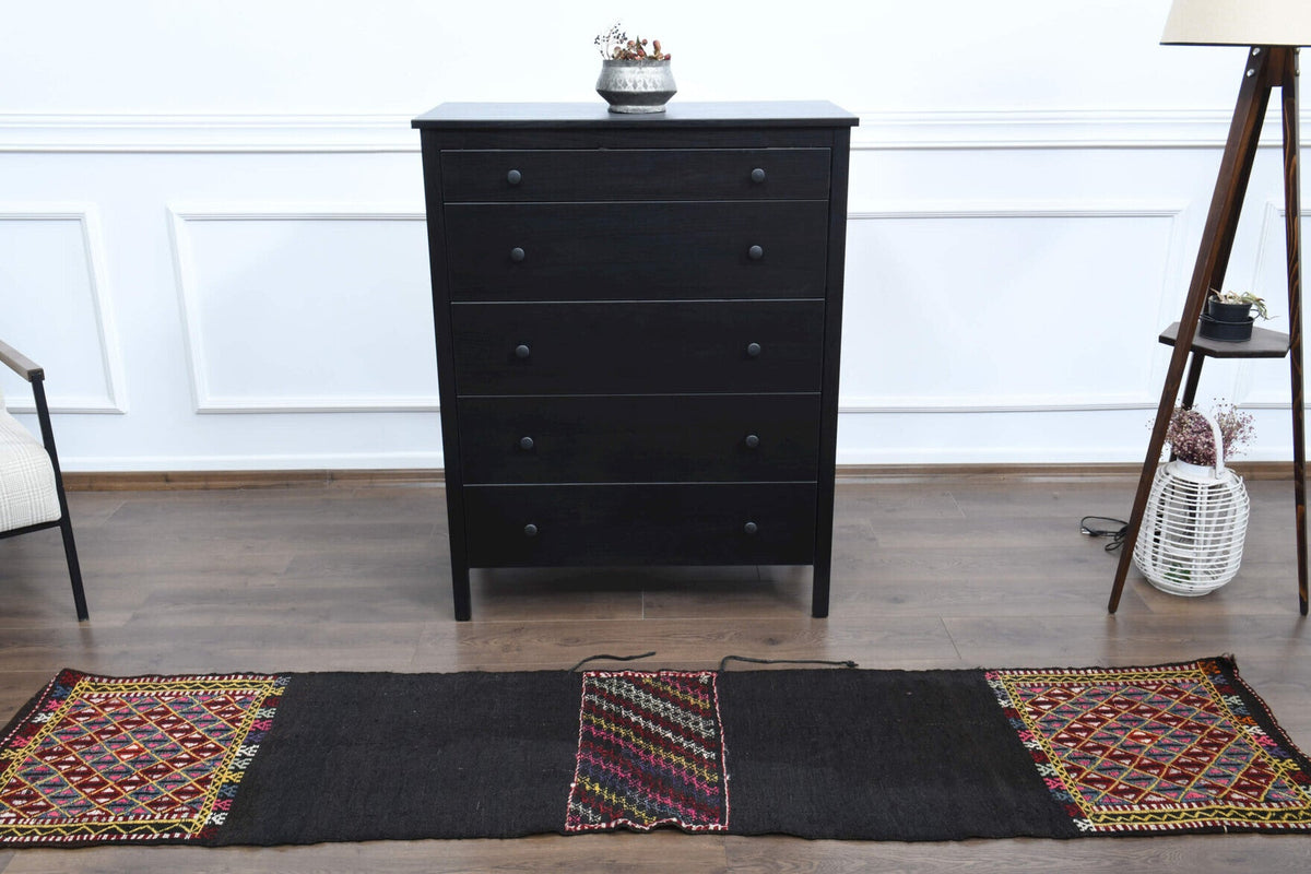 El yapımı vintage yolluk 56x254 cm i̇kat desenli yün - kenar ve saçak detayı