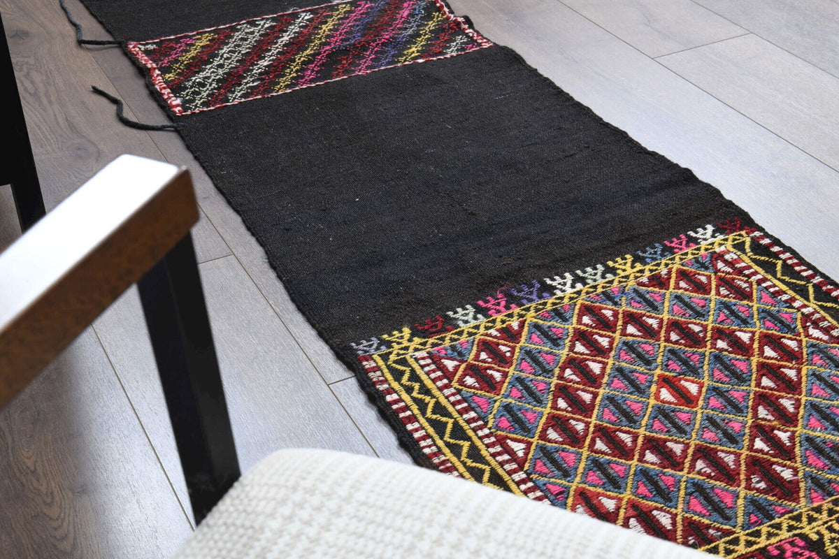 El yapımı vintage yolluk 56x254 cm i̇kat desenli yün - üstten görünüm