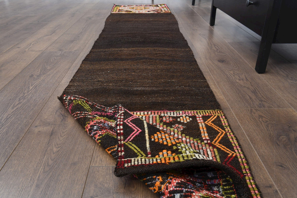 El yapımı vintage yolluk 56x254 cm düz desenli yün - yakın çekim doku detayı