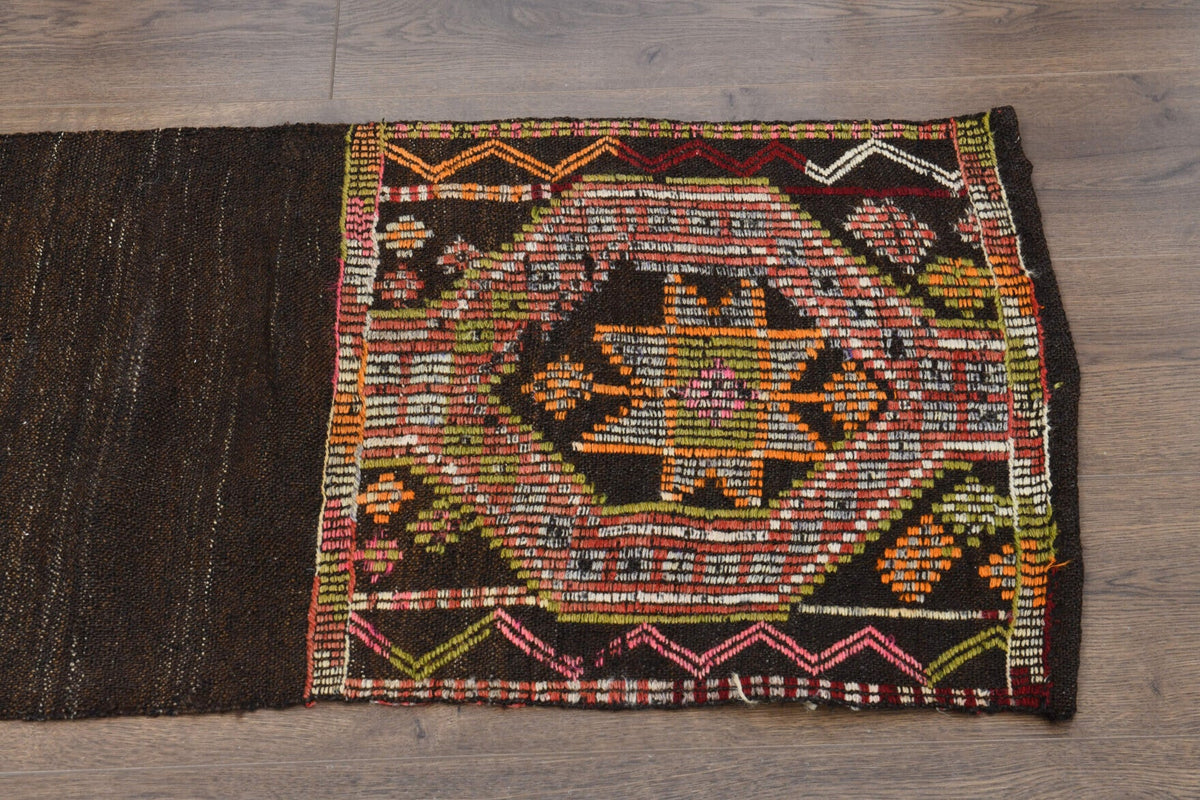 El yapımı vintage yolluk 56x254 cm düz desenli yün - kenar ve saçak detayı