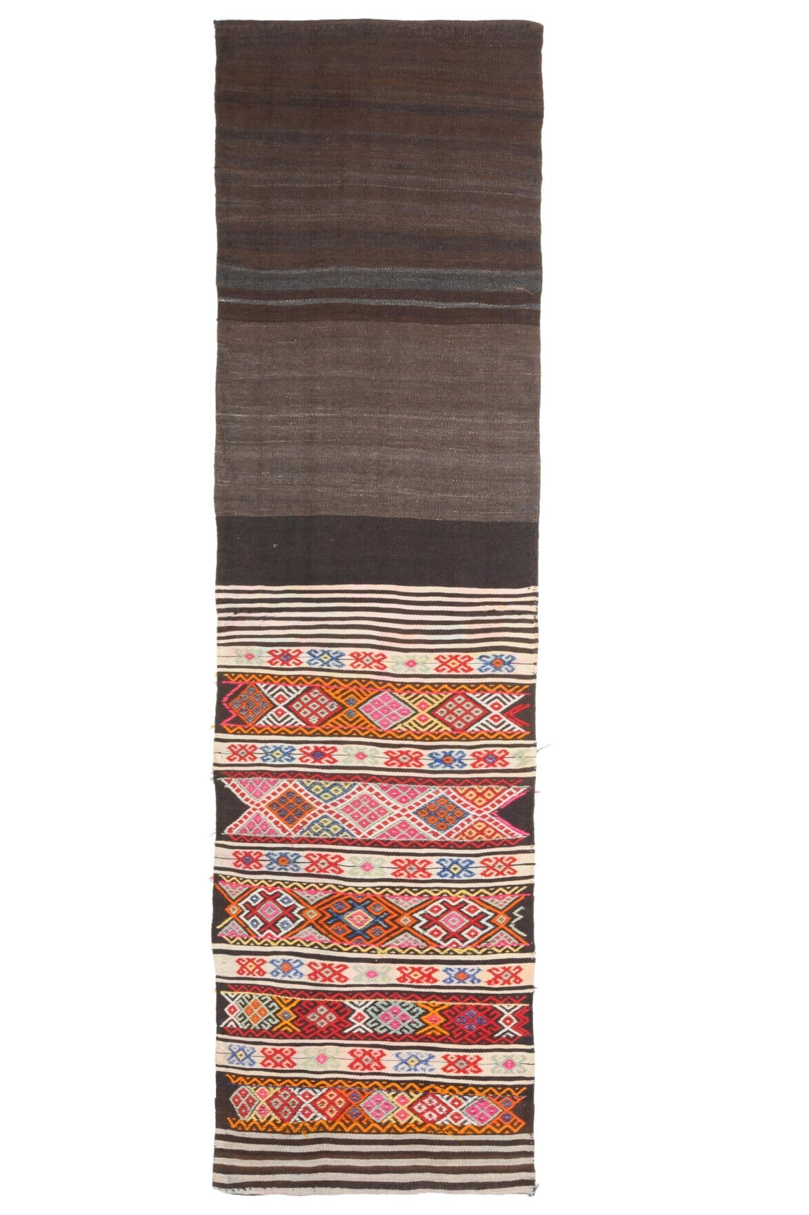 El yapımı vintage yolluk 71x259 cm geometrik desenli yün - ışık altında renk detayı