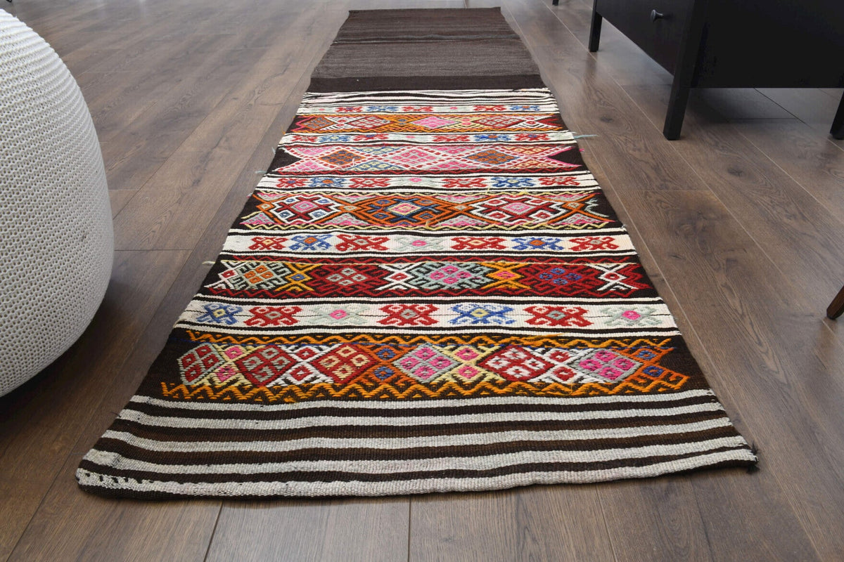 El yapımı vintage yolluk 71x259 cm geometrik desenli yün - yakın çekim doku detayı