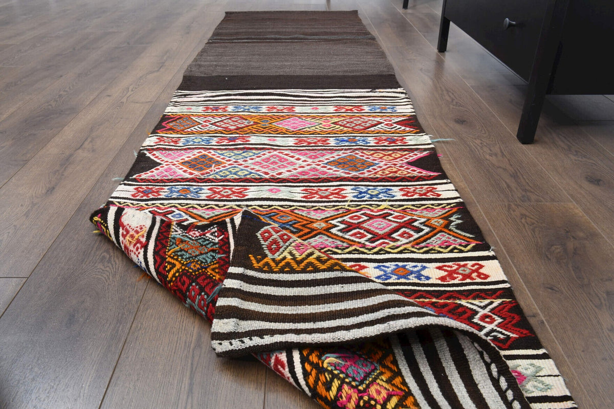 El yapımı vintage yolluk 71x259 cm geometrik desenli yün - kenar ve saçak detayı