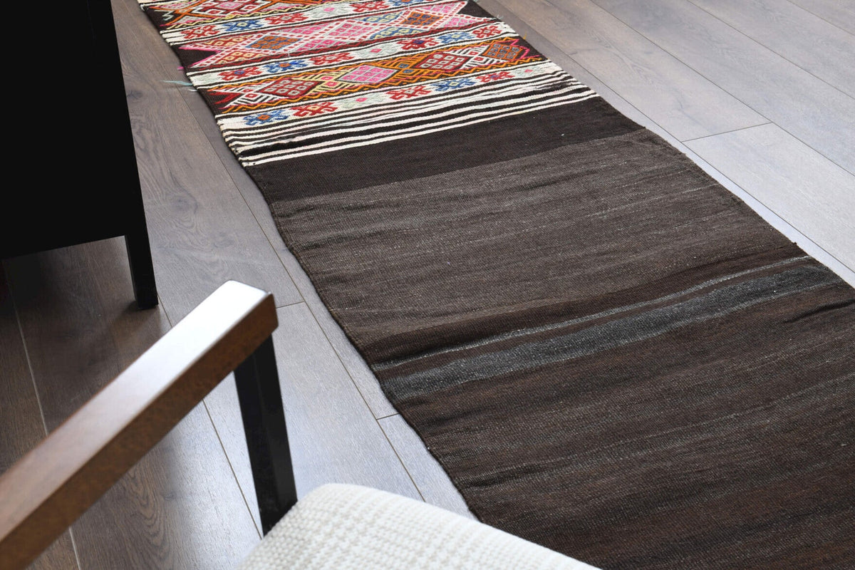 El yapımı vintage yolluk 71x259 cm geometrik desenli yün - farklı açıdan görünüm