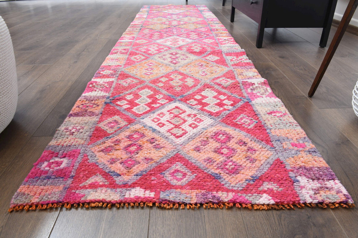 El yapımı vintage yolluk 76x315 cm tribal desenli yün - yakın çekim doku detayı
