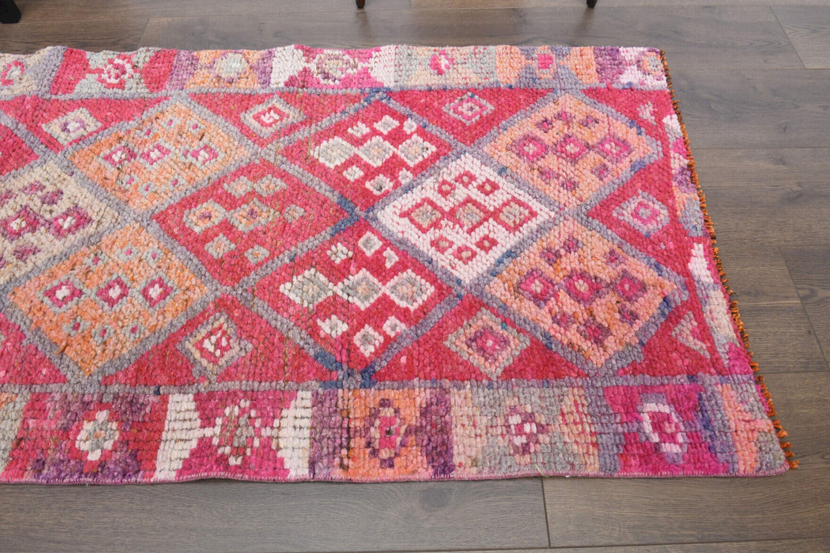 El yapımı vintage yolluk 76x315 cm tribal desenli yün - kenar ve saçak detayı