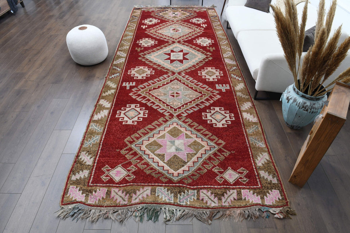 El yapımı vintage yolluk 178x427 cm geometrik desenli yün - detay görünümü