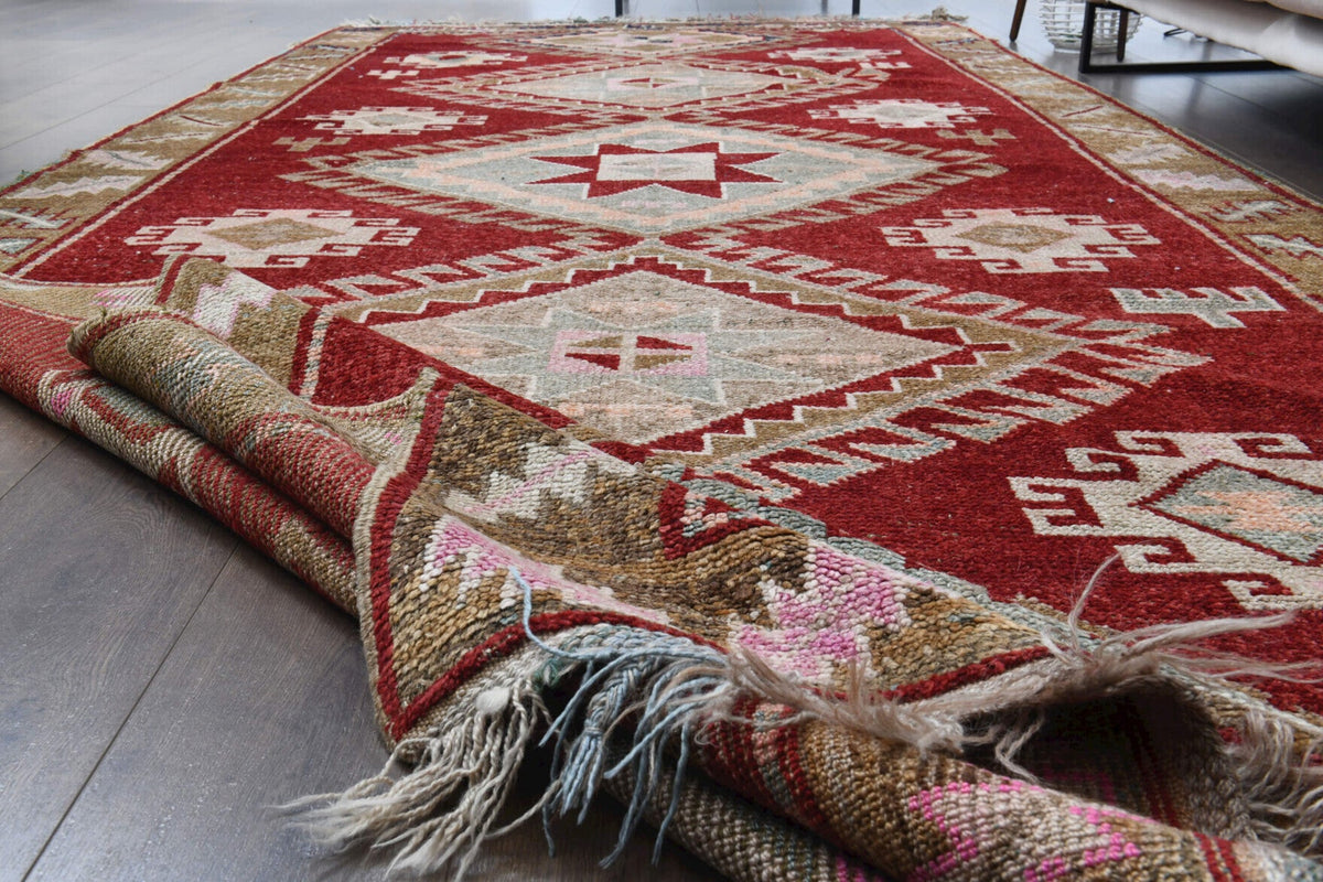 El yapımı vintage yolluk 178x427 cm geometrik desenli yün - kenar ve saçak detayı