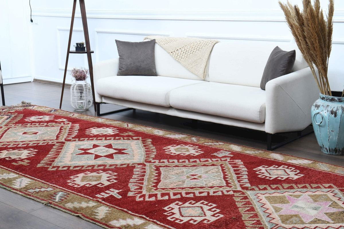 El yapımı vintage yolluk 178x427 cm geometrik desenli yün - üstten görünüm