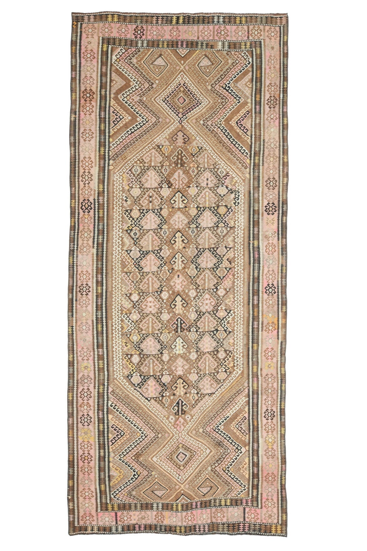 El yapımı vintage halı 157x396 cm tribal desenli yün