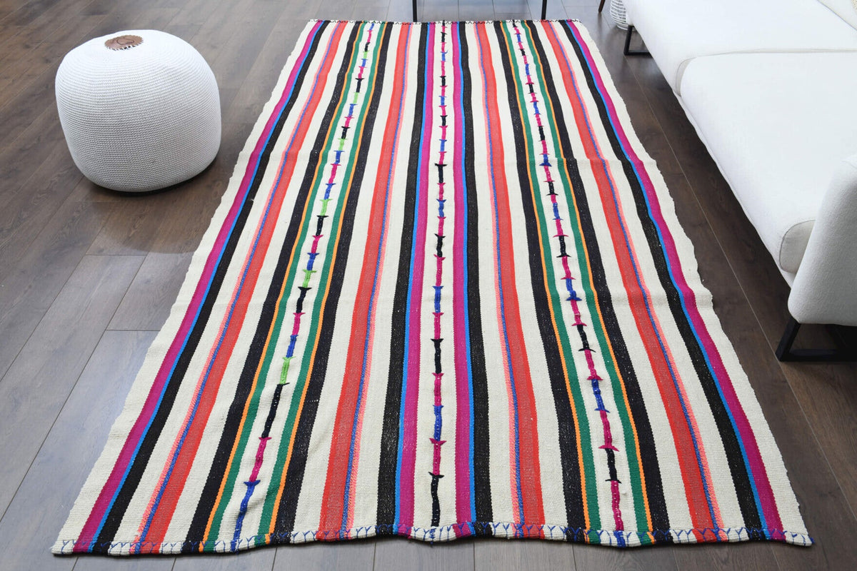 El yapımı vintage halı 150x300 cm çizgili desenli yün - detay görünümü