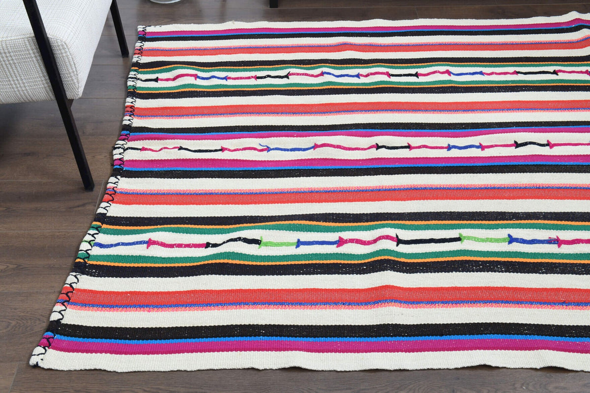 El yapımı vintage halı 150x300 cm çizgili desenli yün - kenar ve saçak detayı