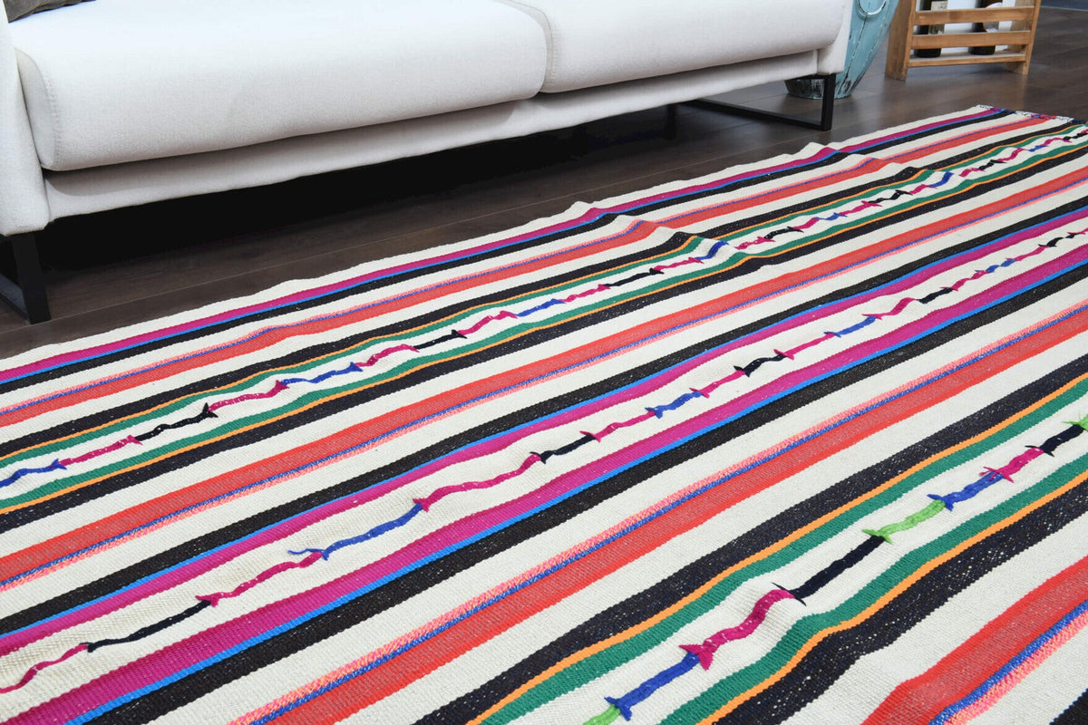 El yapımı vintage halı 150x300 cm çizgili desenli yün - desen detayı