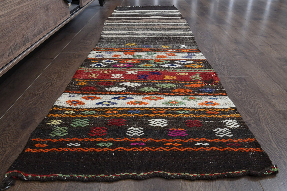 El yapımı vintage yolluk 66x229 cm çizgili desenli yün - yakın çekim doku detayı