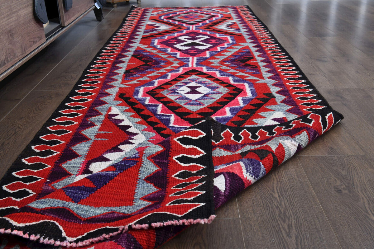 El yapımı vintage yolluk 102x333 cm geometrik desenli yün - kenar ve saçak detayı