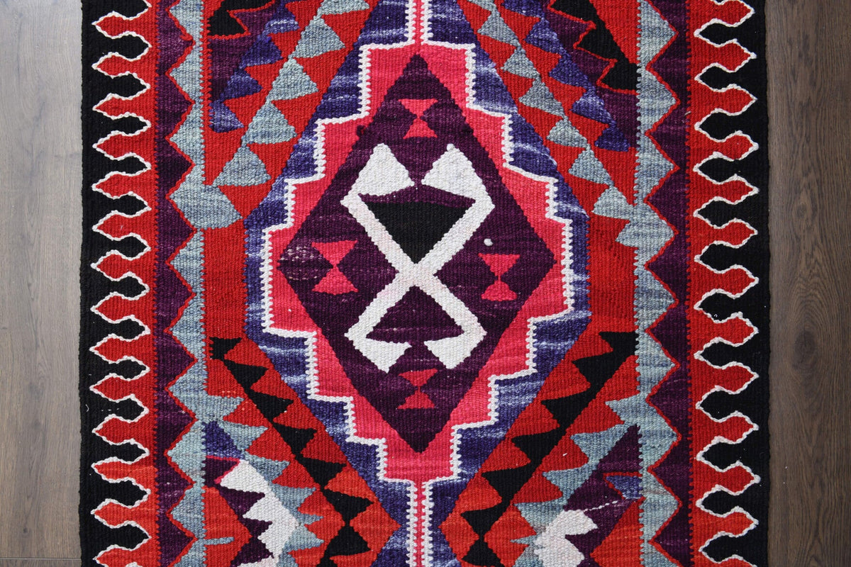 El yapımı vintage yolluk 102x333 cm geometrik desenli yün - üstten görünüm