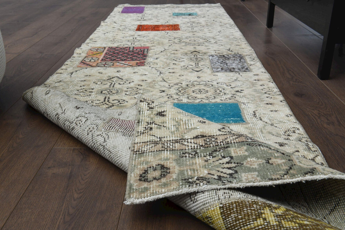 El yapımı vintage yolluk 76x272 cm çiçek desenli desenli yün - yakın çekim doku detayı