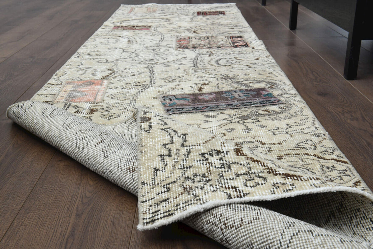El yapımı vintage yolluk 74x290 cm çiçek desenli desenli yün - yakın çekim doku detayı