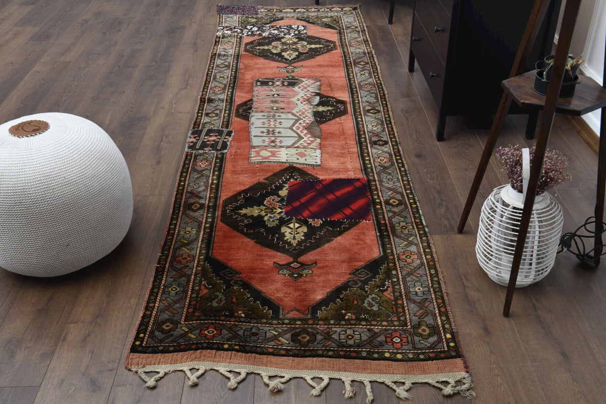 El yapımı vintage yolluk 97x351 cm oryantal desenli yün - detay görünümü