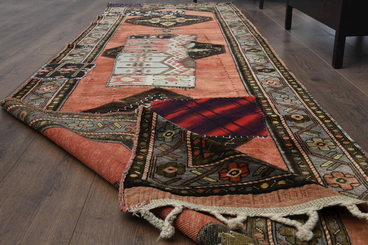 El yapımı vintage yolluk 97x351 cm oryantal desenli yün - yakın çekim doku detayı