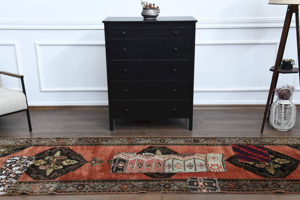 El yapımı vintage yolluk 97x351 cm oryantal desenli yün - kenar ve saçak detayı