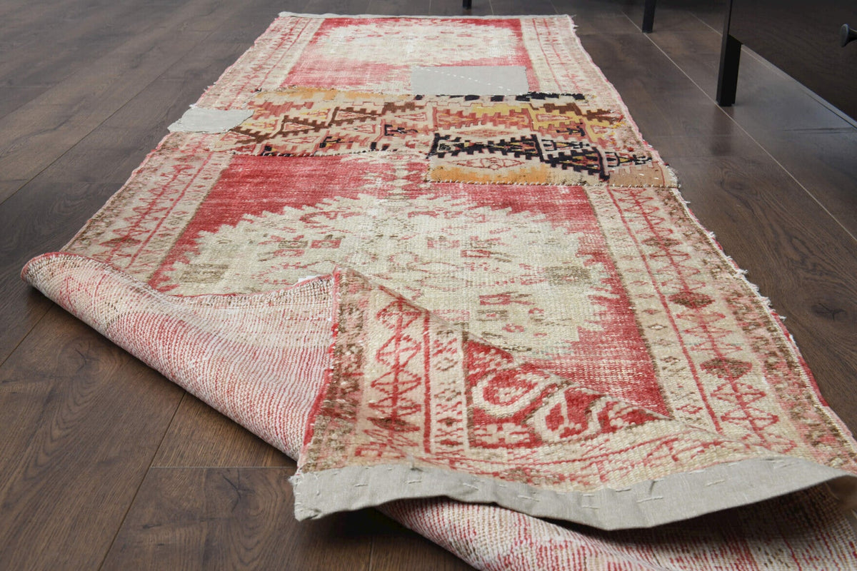 El yapımı vintage yolluk 81x292 cm patchwork desenli yün - yakın çekim doku detayı