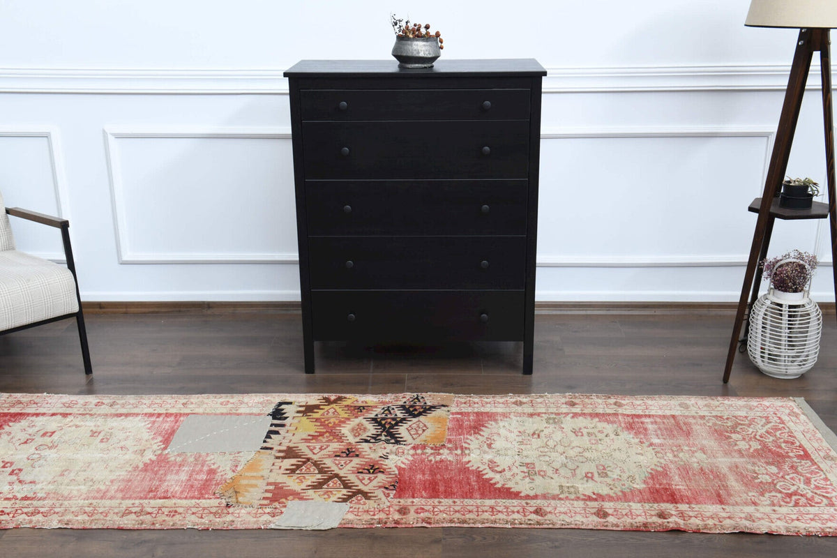 El yapımı vintage yolluk 81x292 cm patchwork desenli yün - kenar ve saçak detayı