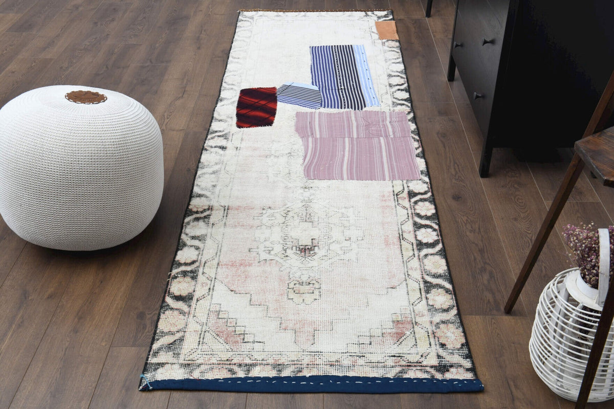 El yapımı vintage yolluk 89x279 cm patchwork desenli yün - detay görünümü
