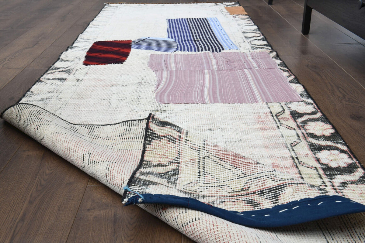 El yapımı vintage yolluk 89x279 cm patchwork desenli yün - kenar ve saçak detayı