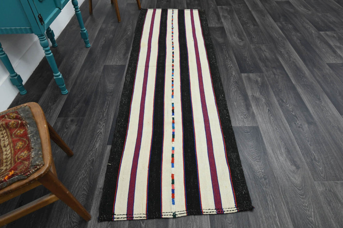 El yapımı vintage yolluk 81x259 cm çizgili desenli yün - detay görünümü