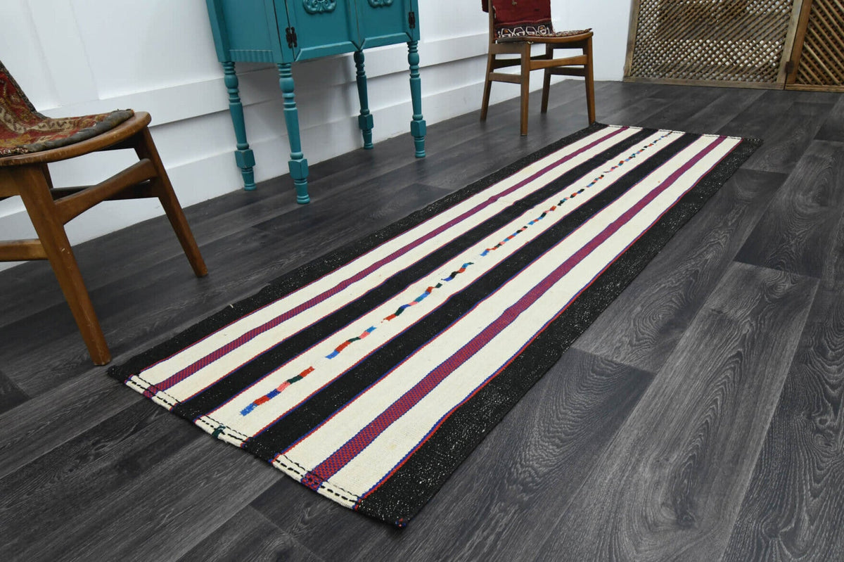 El yapımı vintage yolluk 81x259 cm çizgili desenli yün - yakın çekim doku detayı