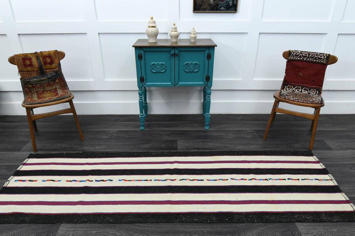 El yapımı vintage yolluk 81x259 cm çizgili desenli yün - kenar ve saçak detayı