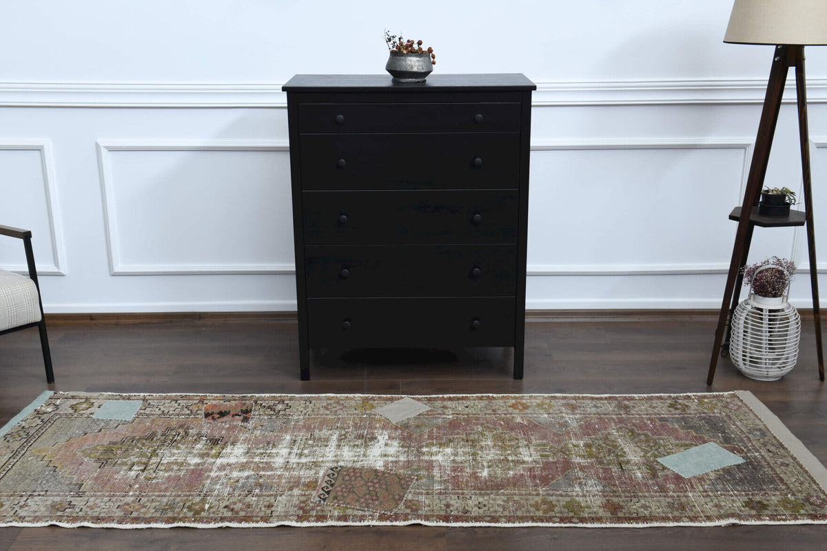 El yapımı vintage yolluk 89x274 cm oryantal desenli yün - kenar ve saçak detayı