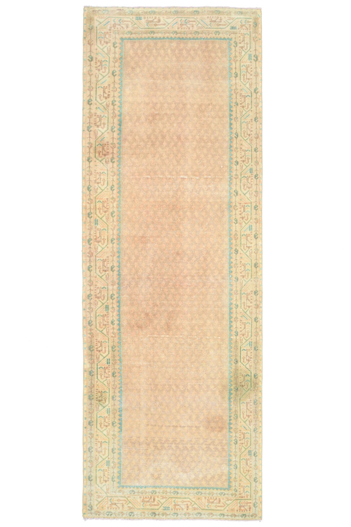 El yapımı vintage yolluk 107x310 cm i̇kat desenli yün - ışık altında renk detayı