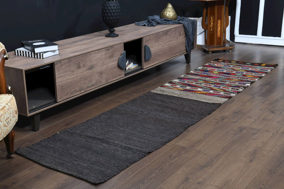 El yapımı vintage yolluk 74x300 cm i̇kat desenli yün - kenar ve saçak detayı