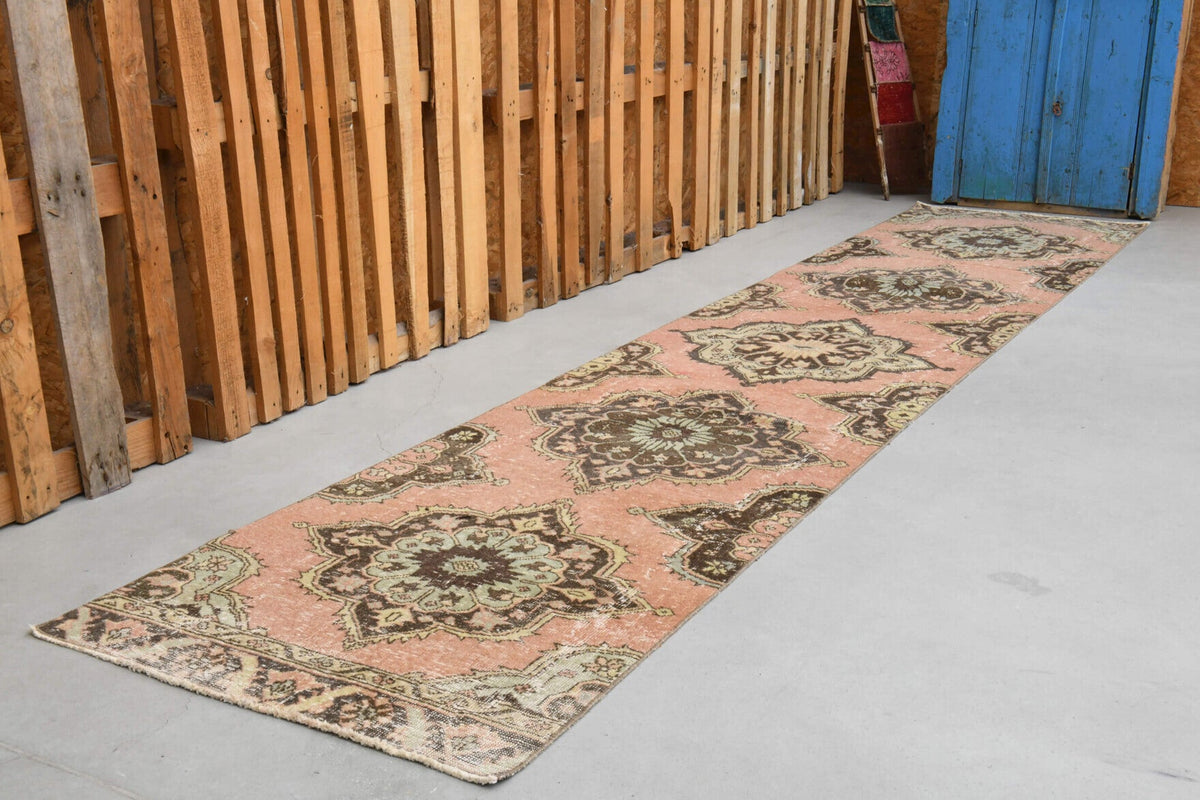 El yapımı vintage yolluk 81x386 cm i̇kat desenli yün - yakın çekim doku detayı