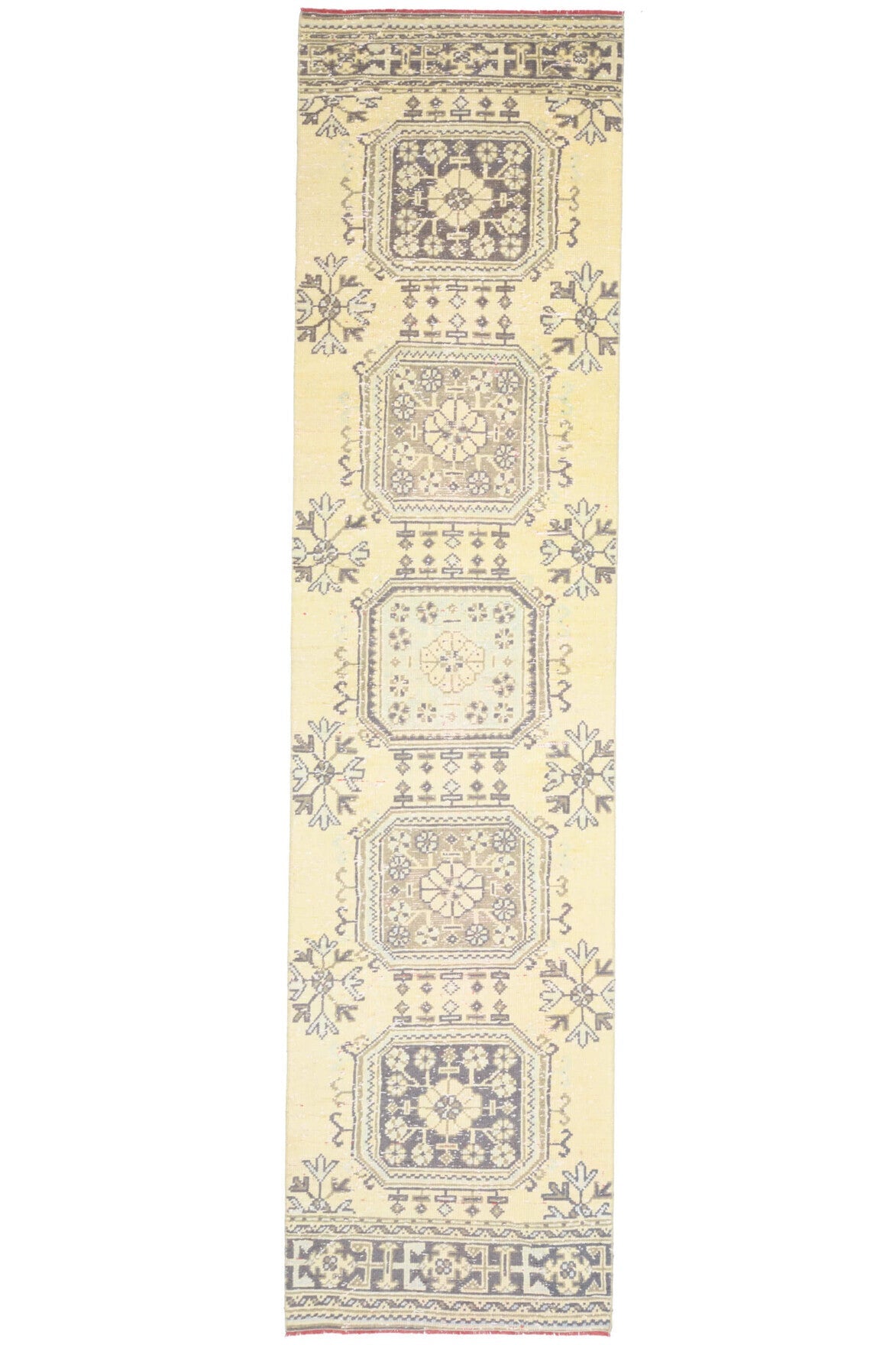 El yapımı vintage yolluk 86x351 cm çiçek desenli desenli yün - farklı açıdan görünüm