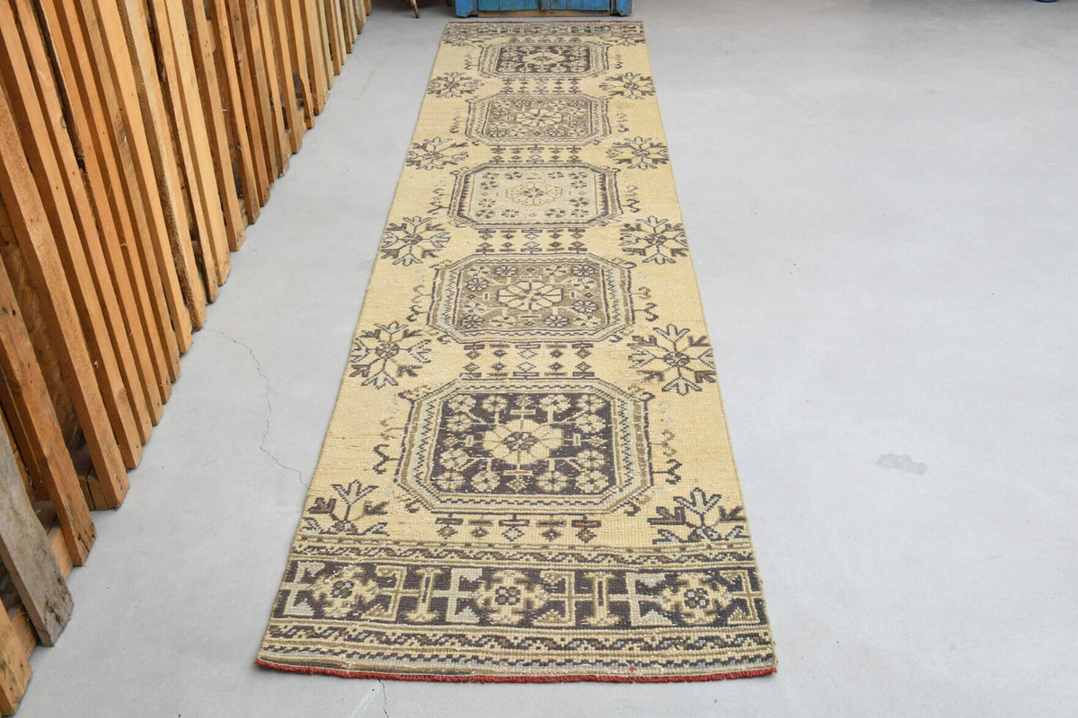 El yapımı vintage yolluk 86x351 cm çiçek desenli desenli yün - detay görünümü