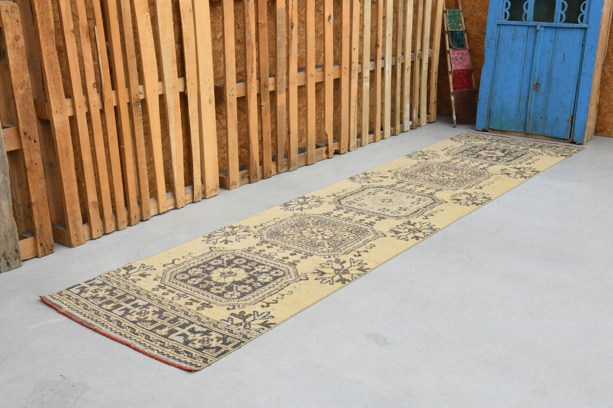 El yapımı vintage yolluk 86x351 cm çiçek desenli desenli yün - yakın çekim doku detayı