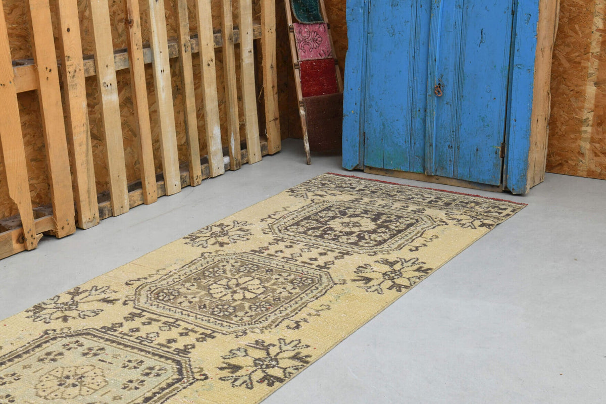 El yapımı vintage yolluk 86x351 cm çiçek desenli desenli yün - kenar ve saçak detayı