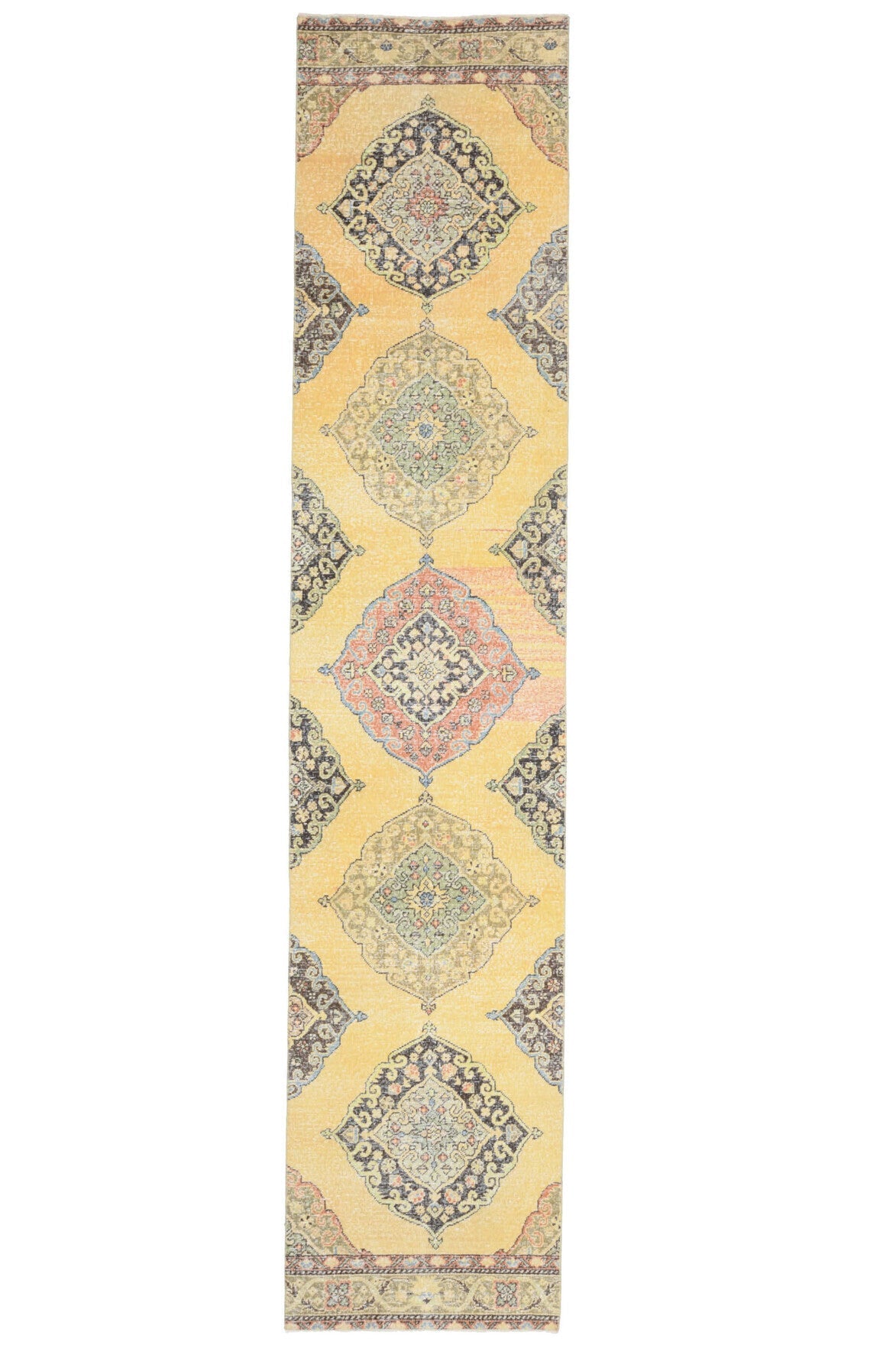 El yapımı vintage yolluk 86x406 cm i̇kat desenli yün - açık alan görünümü