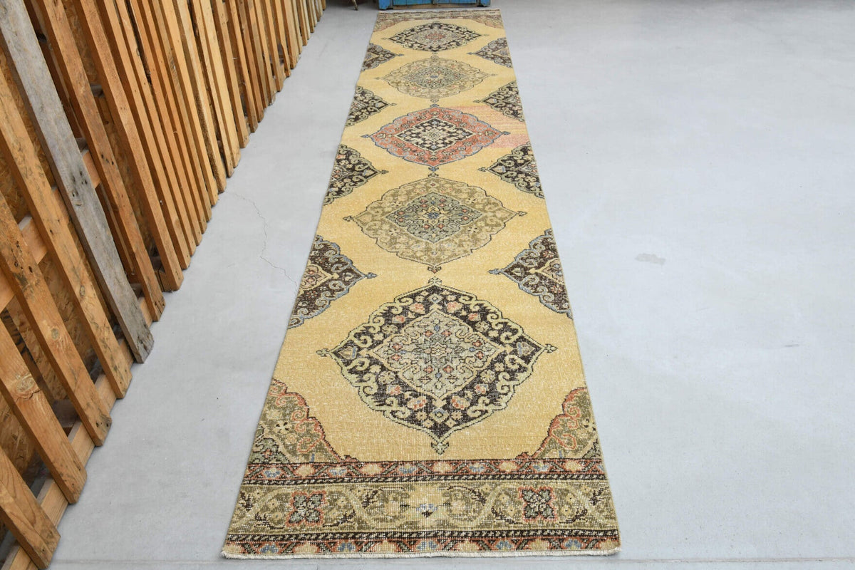 El yapımı vintage yolluk 86x406 cm i̇kat desenli yün - detay görünümü