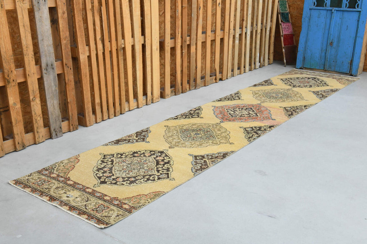 El yapımı vintage yolluk 86x406 cm i̇kat desenli yün - yakın çekim doku detayı