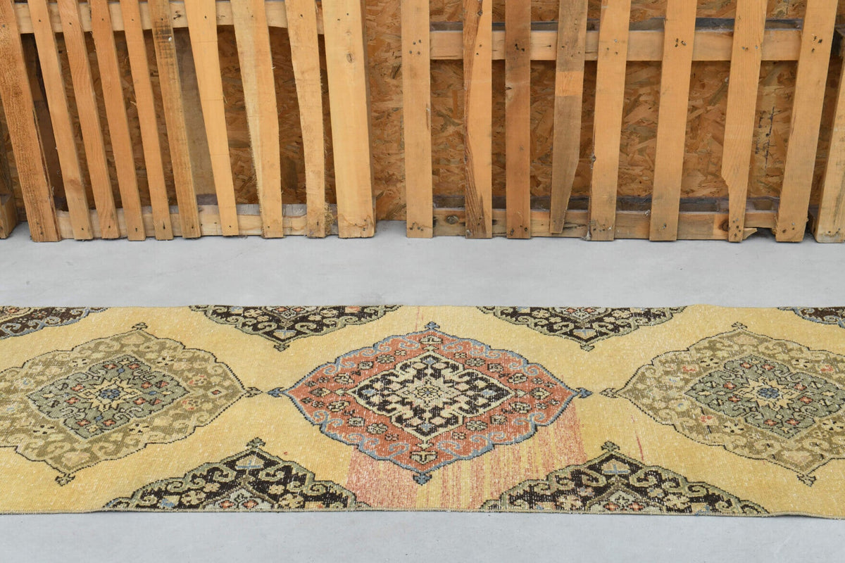 El yapımı vintage yolluk 86x406 cm i̇kat desenli yün - kenar ve saçak detayı